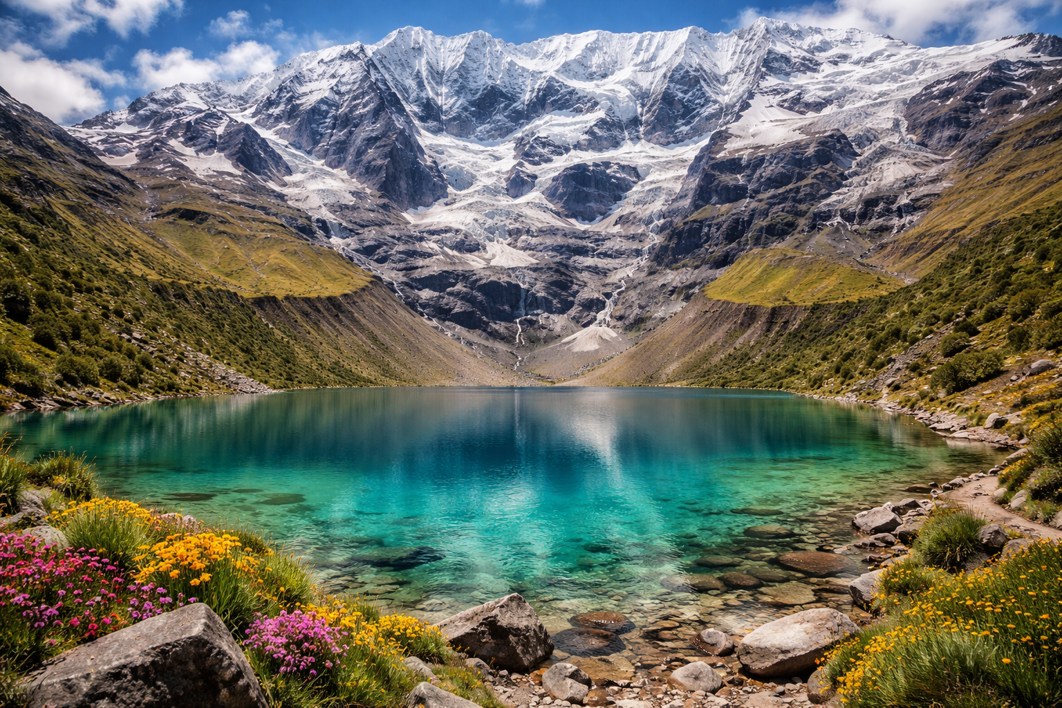 Turkusowe wysokogórskie jezioro Humantay wśród ośnieżonych szczytów Andów