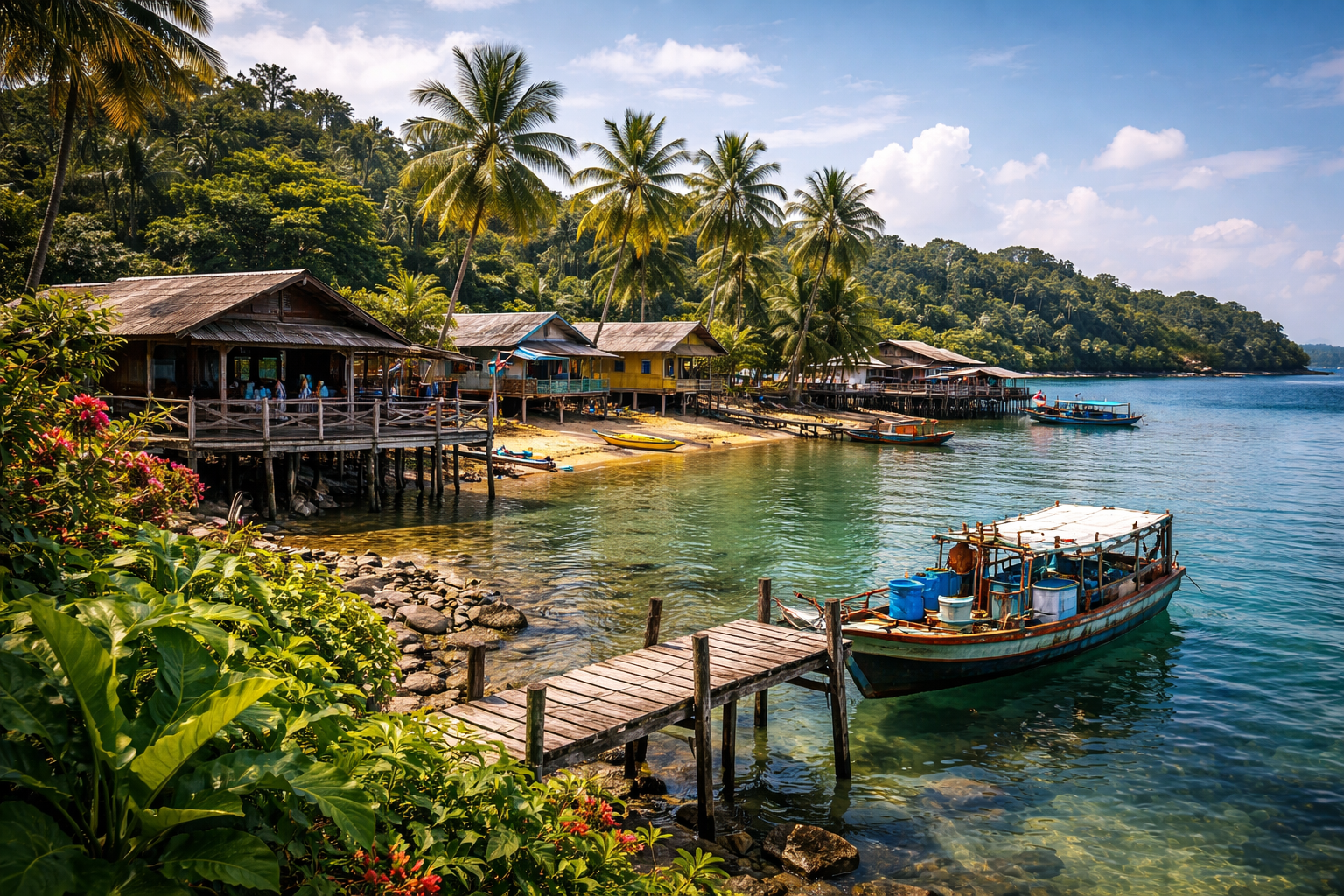 Tropical Pulau Ubin Island with a village and palm trees.