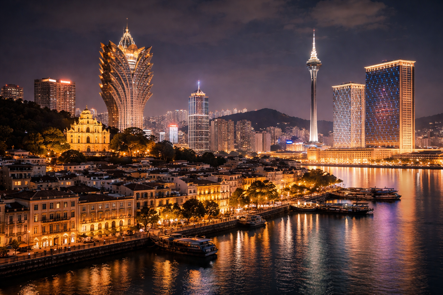 Macau at night with historic buildings
