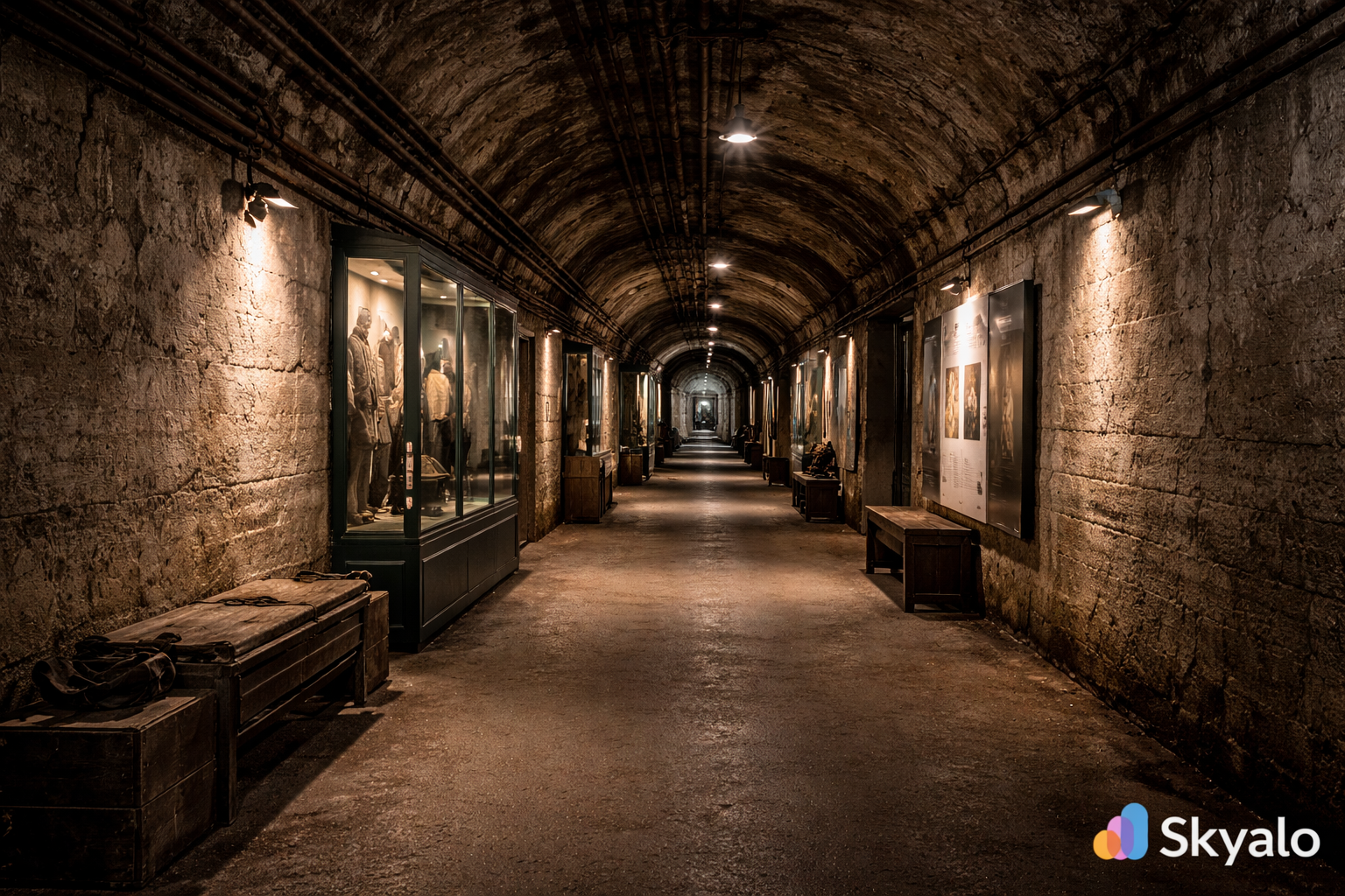 פנים אטמוספרי של המנהרות הצבאיות בג'רזי עם מסדרונות תת-קרקעיים, אור רך ותצוגה היסטורית.