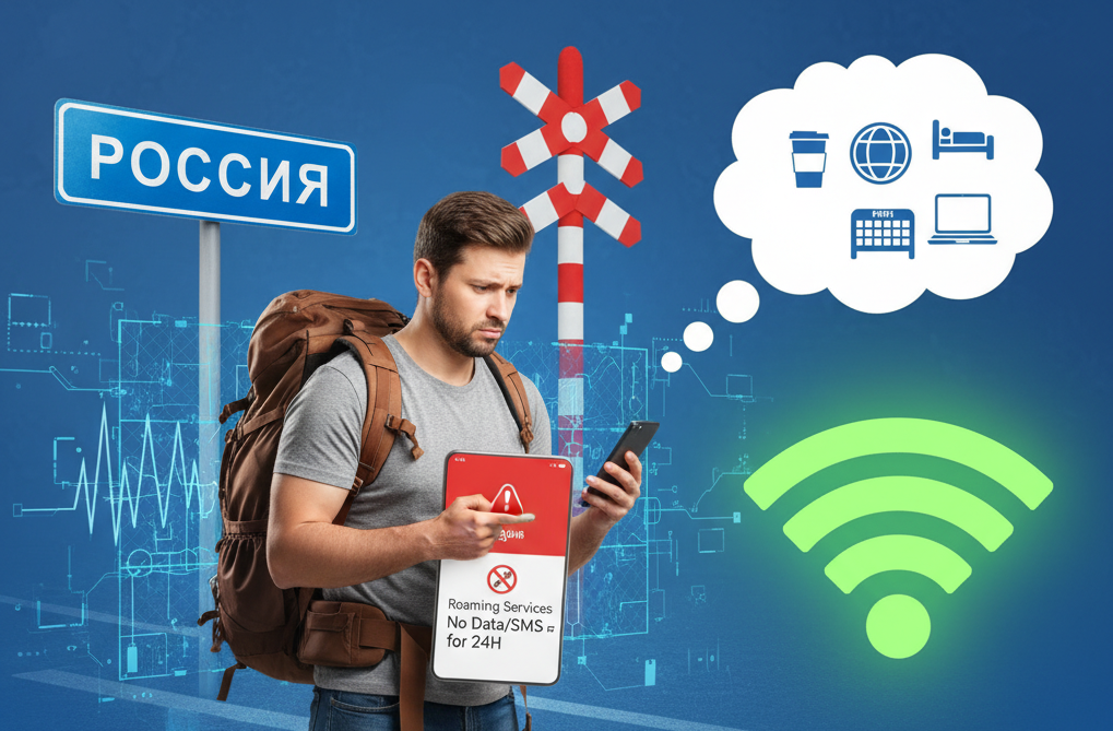 Belarusian traveler by “Russia” sign checking phone