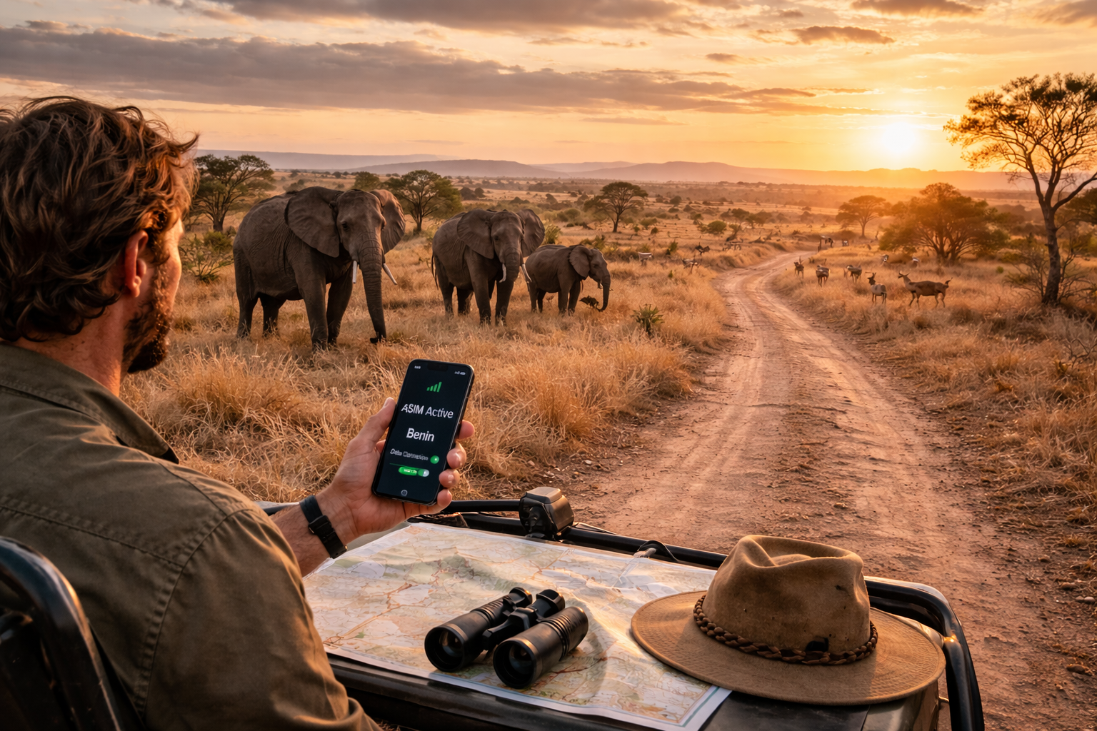 הפארק הלאומי פנג'ארי בבנין עם סוואנה זהובה, בעלי חיים פראיים, דרך העוברת בפארק ומטייל עם סמארטפון עם eSIM פעילה לפני מסלול הספארי