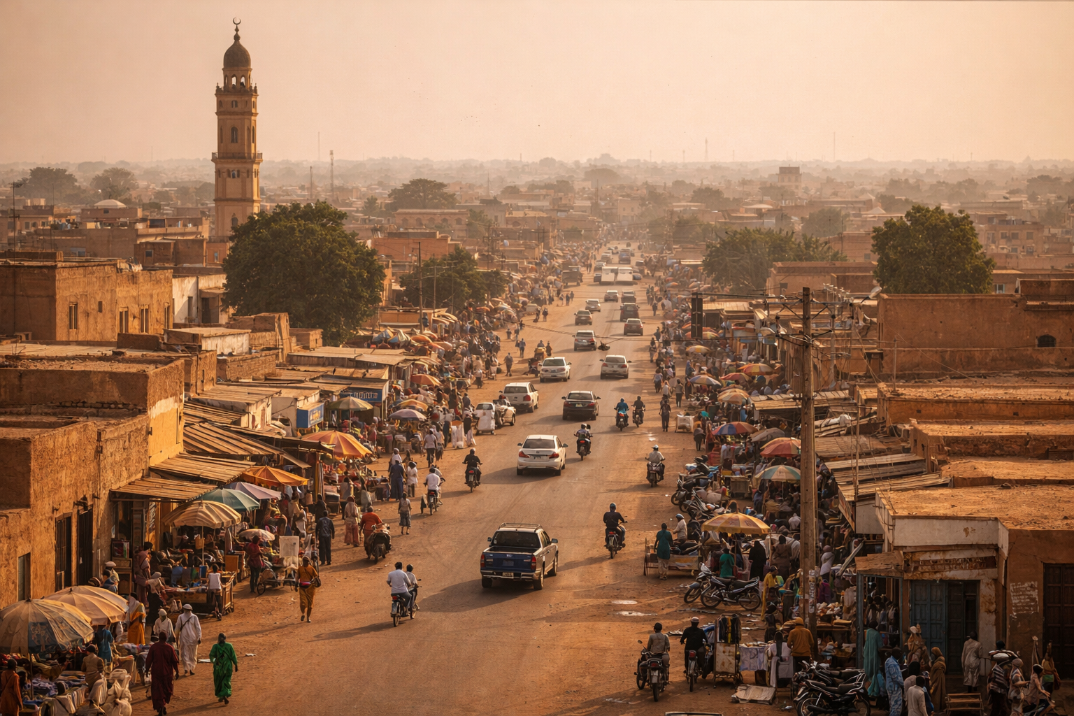 מאראדי בניז'ר עם סביבה עירונית, אור יבש חם ואווירה של מרכז מסחרי דרומי תוסס.