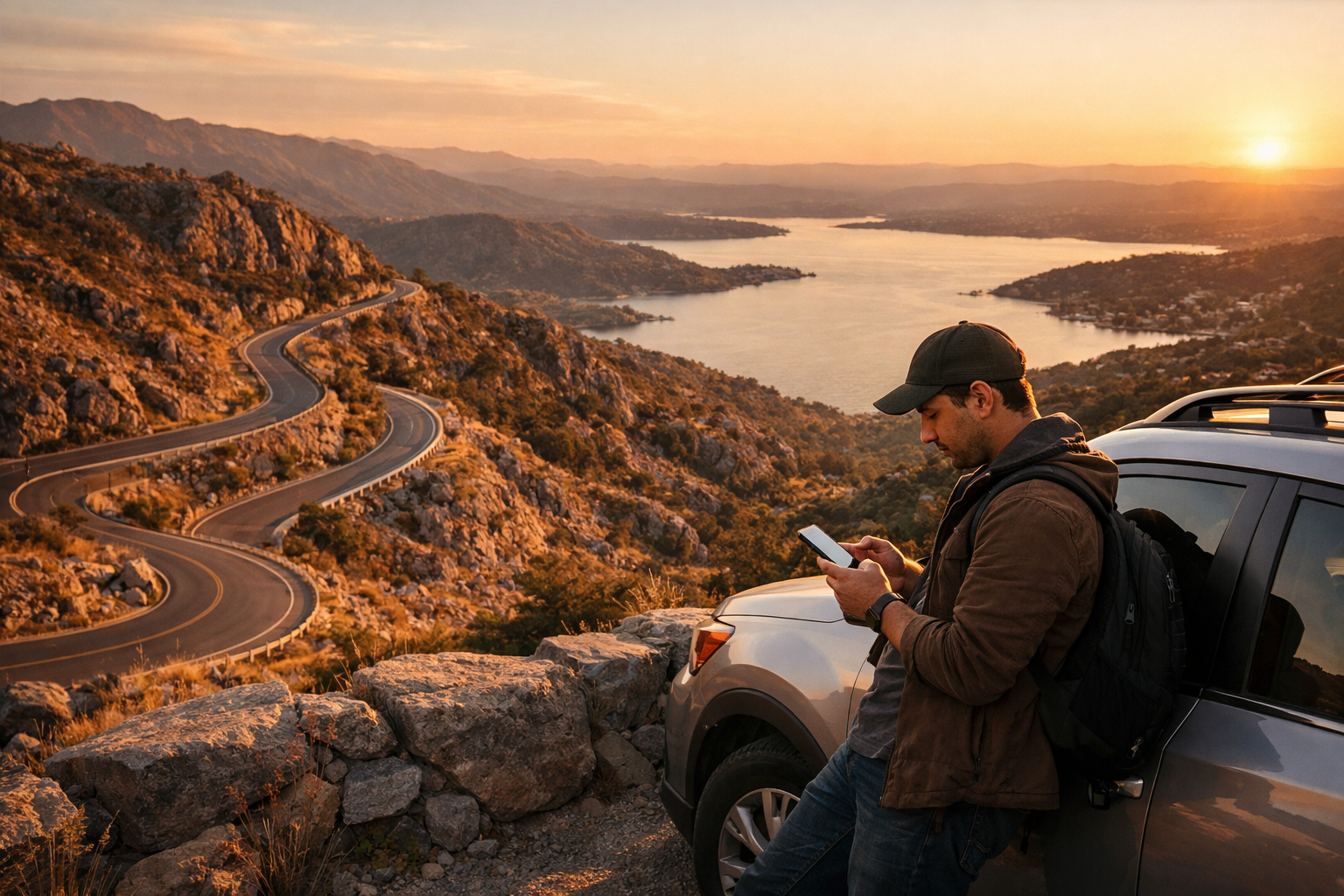 Mountain roads in the Córdoba region and a traveler using navigation via eSIM
