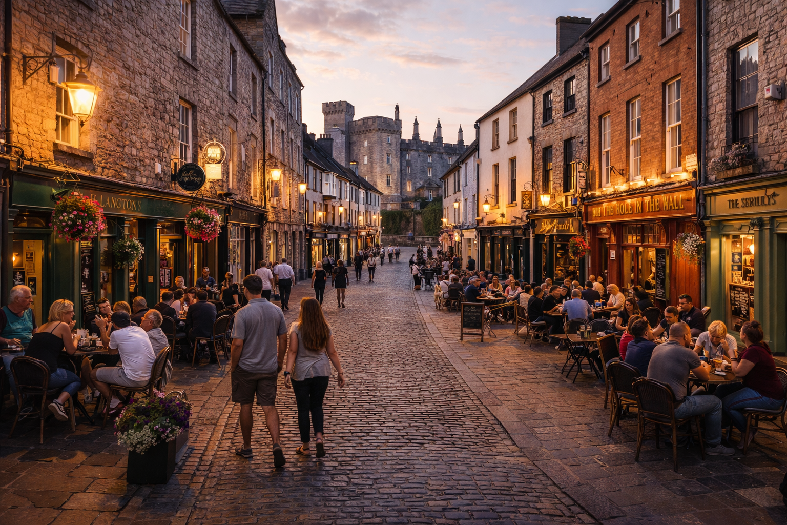 קילקני באירלנד עם רחובות צרים מימי הביניים, אדריכלות אבן ואווירה חמה של עיר עתיקה.