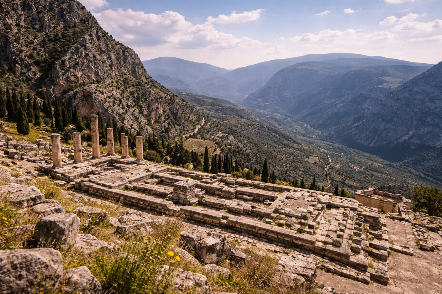 Ruins of ancient Delphi on a mountain slope overlooking a wide valley