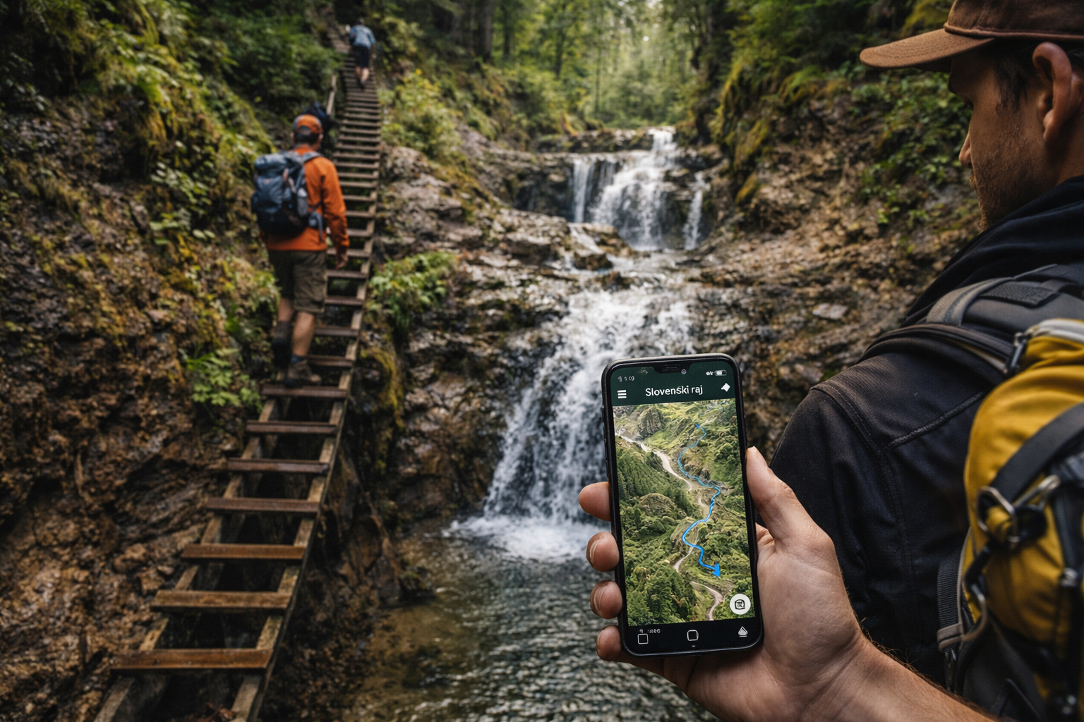 סלובק ראי עם מפלים ותיירים המשתמשים בסמארטפון עם eSIM