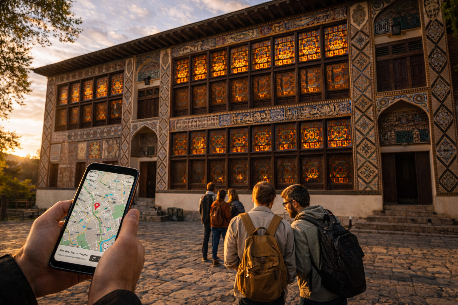 The façade of the Palace of the Sheki Khans with shebeke stained-glass windows flooded with sunlight; in the foreground, a smartphone with an online map open; in the center, a group of five tourists studies the route in the square in front of the palace.