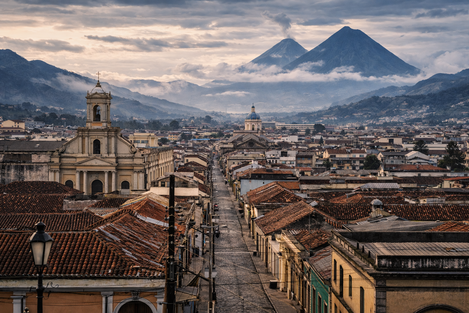 קצאלטננגו בגואטמלה עם רחובות עירוניים והרים ברקע