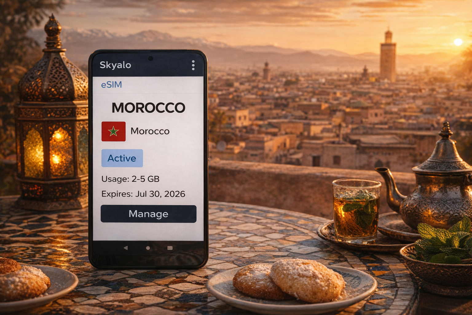 Setting up a Morocco travel eSIM on a smartphone with a medina and traditional architecture in the background.