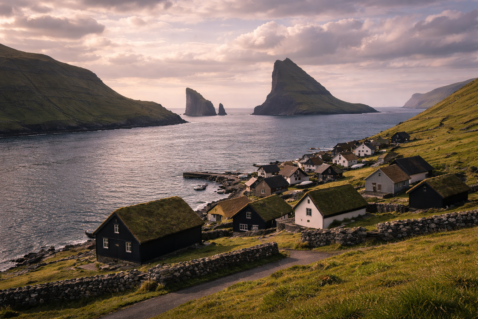 Wioska Bøur z widokiem na ocean i skały