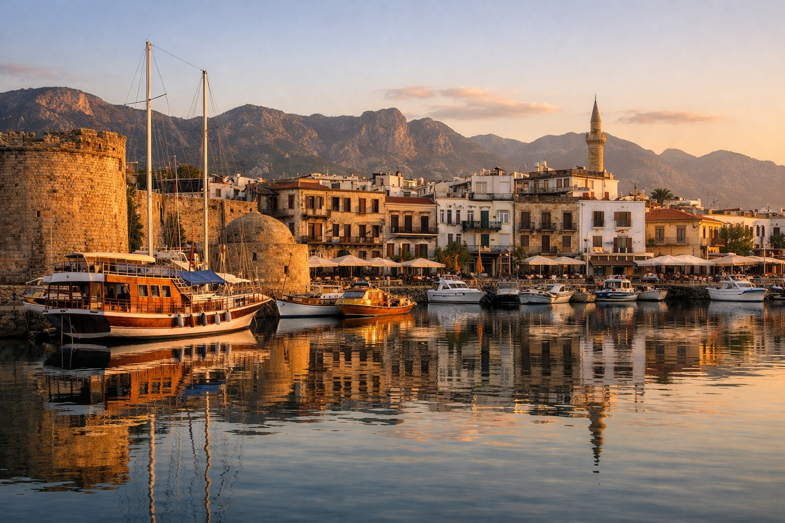 Porto storico di Kyrenia con barche e centro storico.