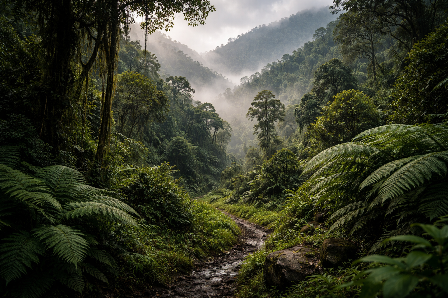 Taman Negara Bwindi di Uganda dengan hutan tropika yang tebal, kabus di hutan dan suasana liar alam Afrika