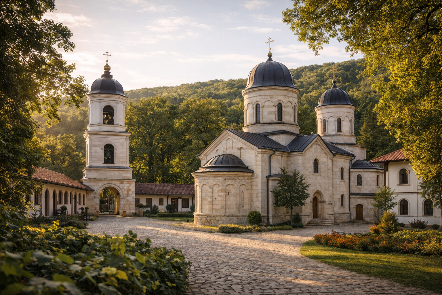 המנזר קפריאנה במולדובה בתוך יער, עם חצר שקטה, אדריכלות בהירה ואווירה רגועה.
