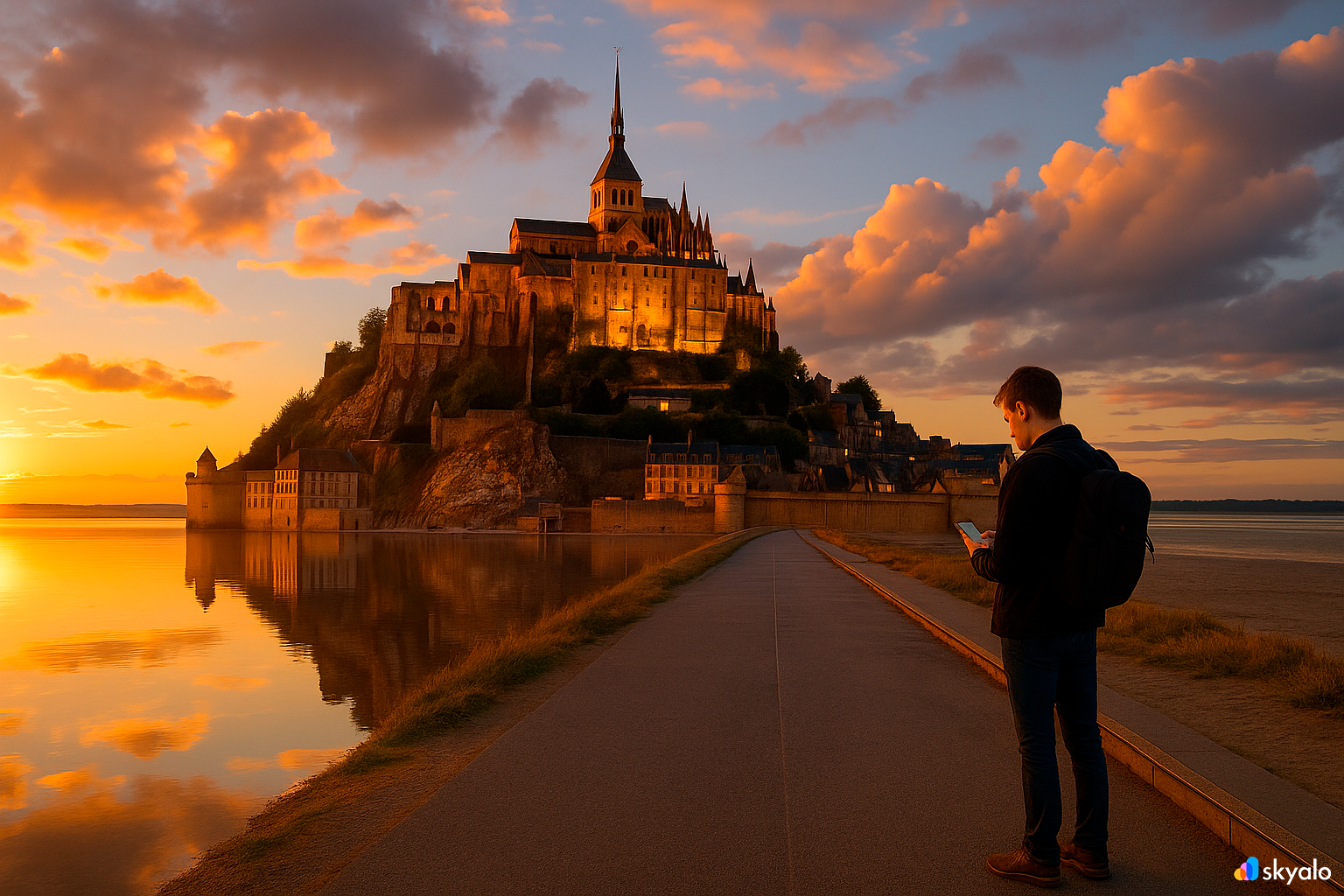 Tourist walking toward Mont-Saint-Michel abbey in France at sunset