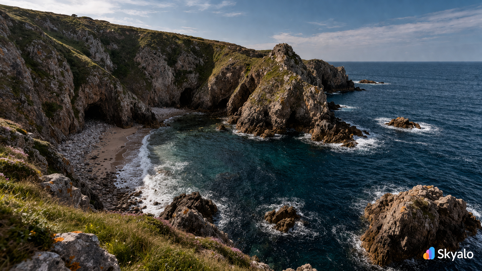 מפרץ פלמון בג'רזי עם צוקים, מערות, ים וחוף טבעי דרמטי.