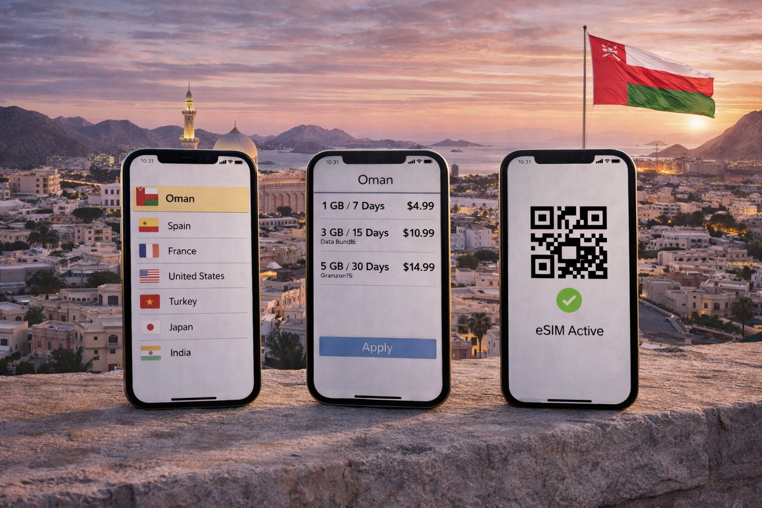 Ενεργοποίηση eSIM για το Ομάν σε smartphone με επιλογή mobile πακέτων με φόντο τη Μουσκάτ
