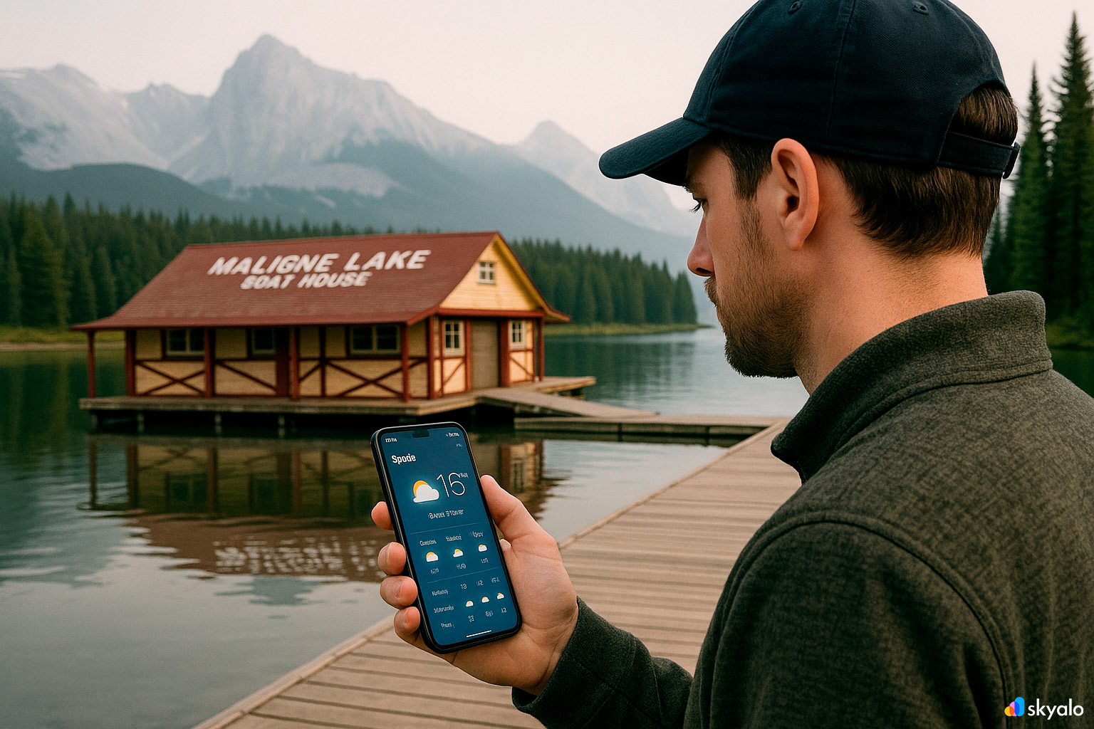 Traveler on Maligne Lake dock; forecast via eSIM by Skyalo, misty waters and mountain silhouettes in haze