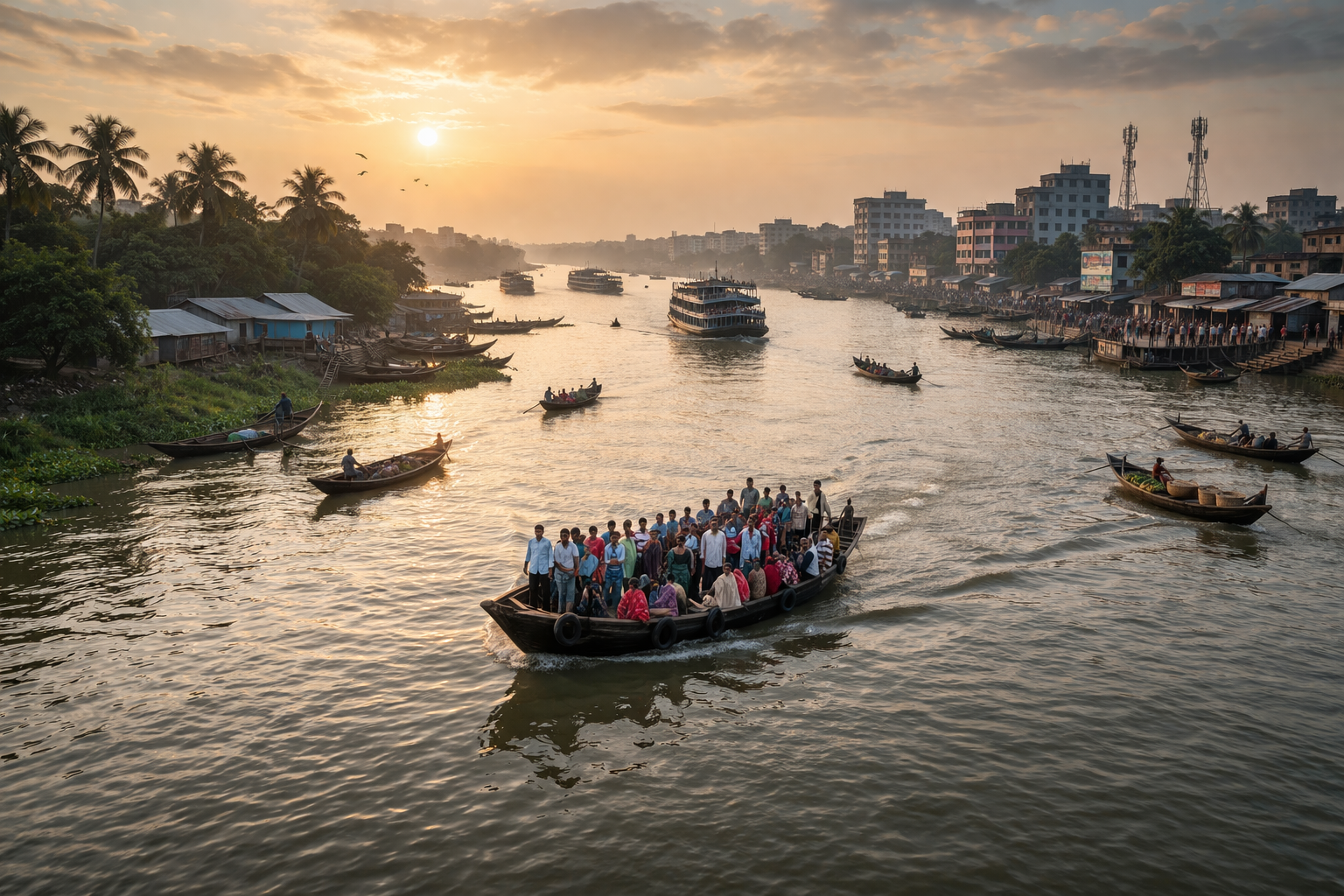 העיר חולנה עם נוף לנהר, סירות ושילוב בין סביבה עירונית לאלמנטים טבעיים