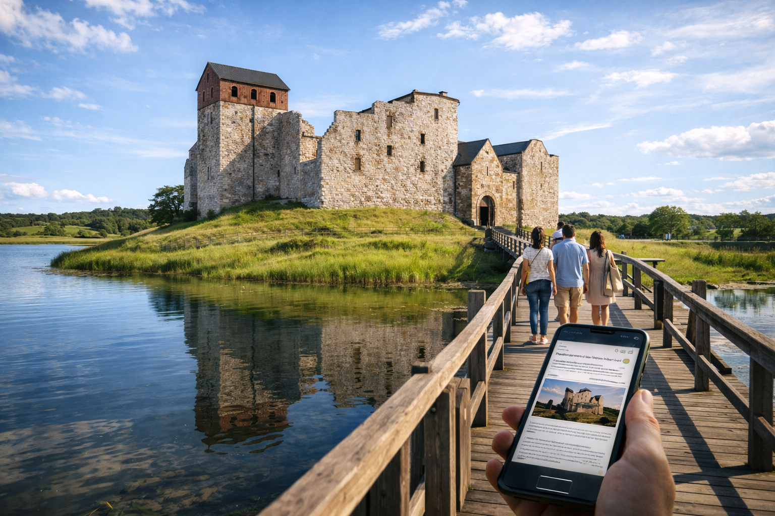 Medieval Kastelholm Castle in the Åland Islands with tourists using an eSIM-enabled smartphone