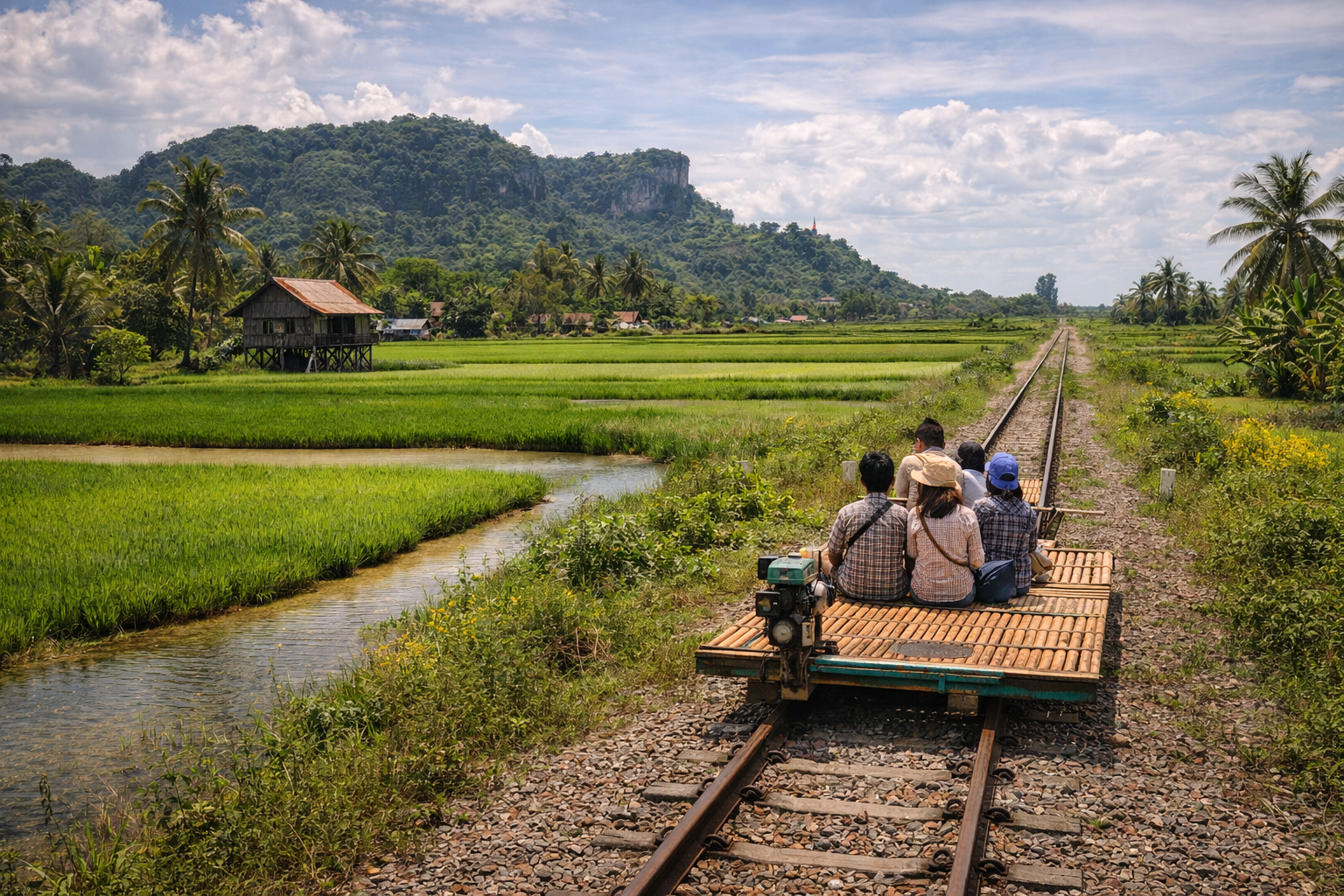 The bamboo train in Battambang passing through rice fields