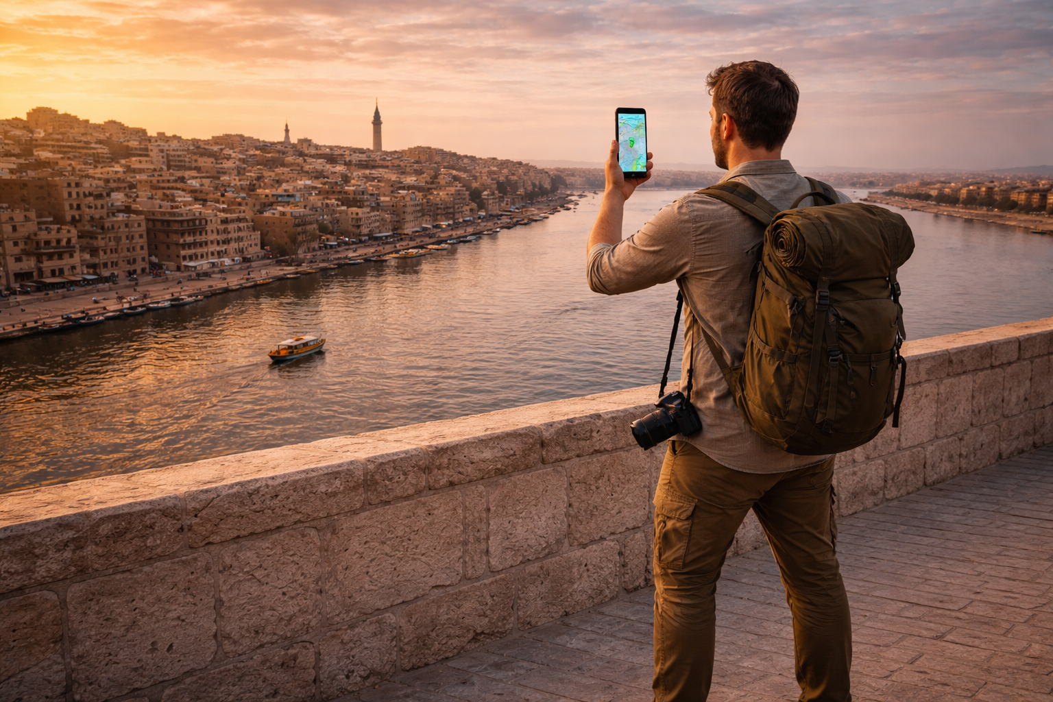 Viajero en la ciudad de Tikrit usando un smartphone con internet eSIM frente al río Tigris