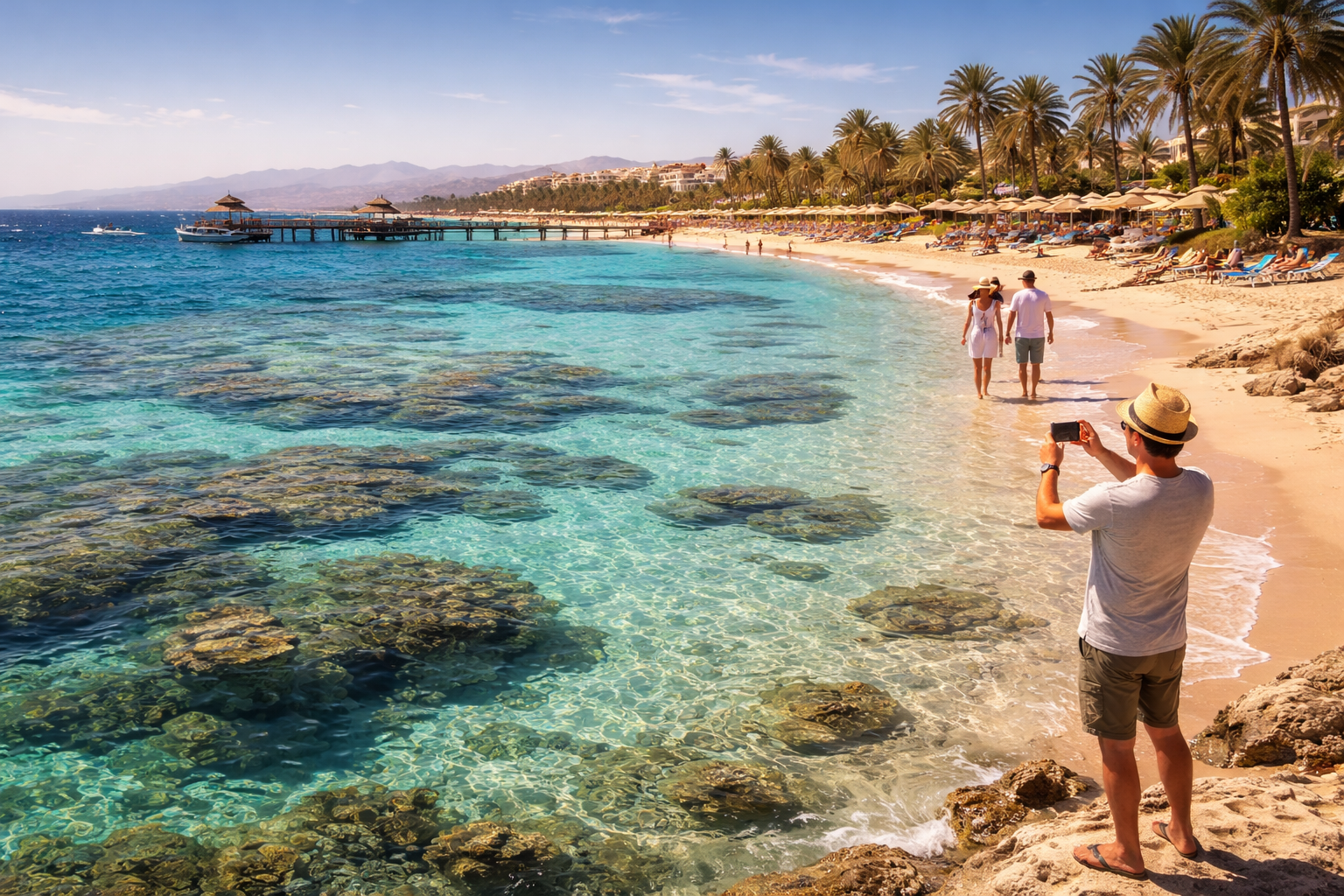 Hurghada beaches and the Red Sea with tourists on the coast — vacation in Egypt with eSIM mobile internet