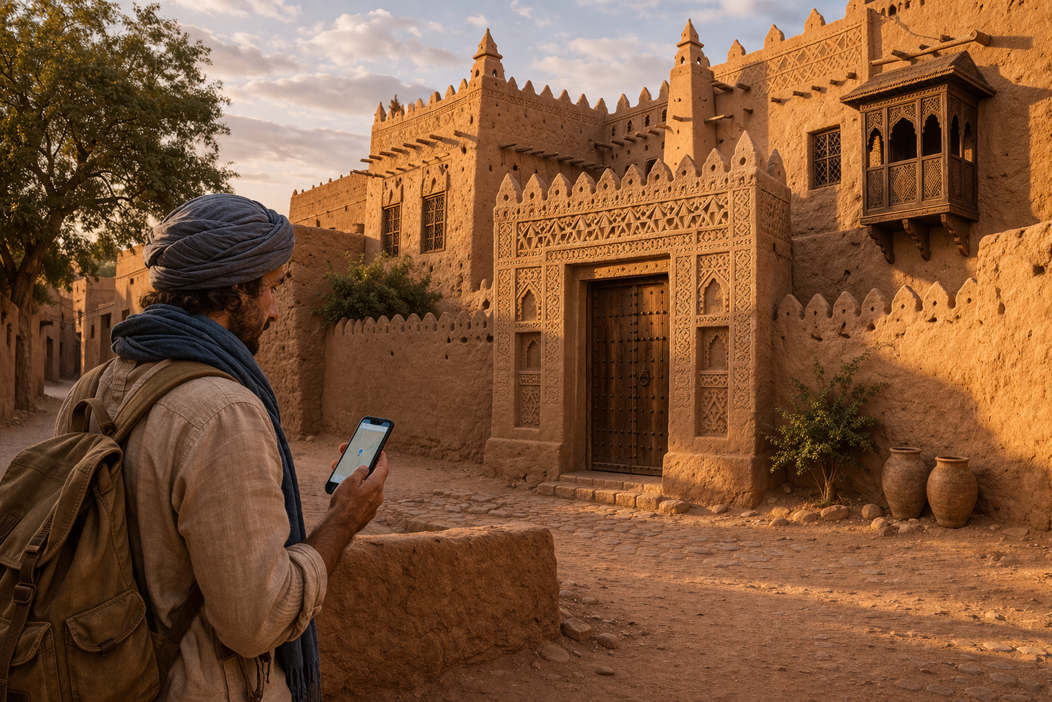 ארמון הסולטן של אייר באגאדס עם אדריכלות מבוץ, אור מדברי חם ומטייל המשתמש ב-eSIM על הסמארטפון ליד מסלול היסטורי.