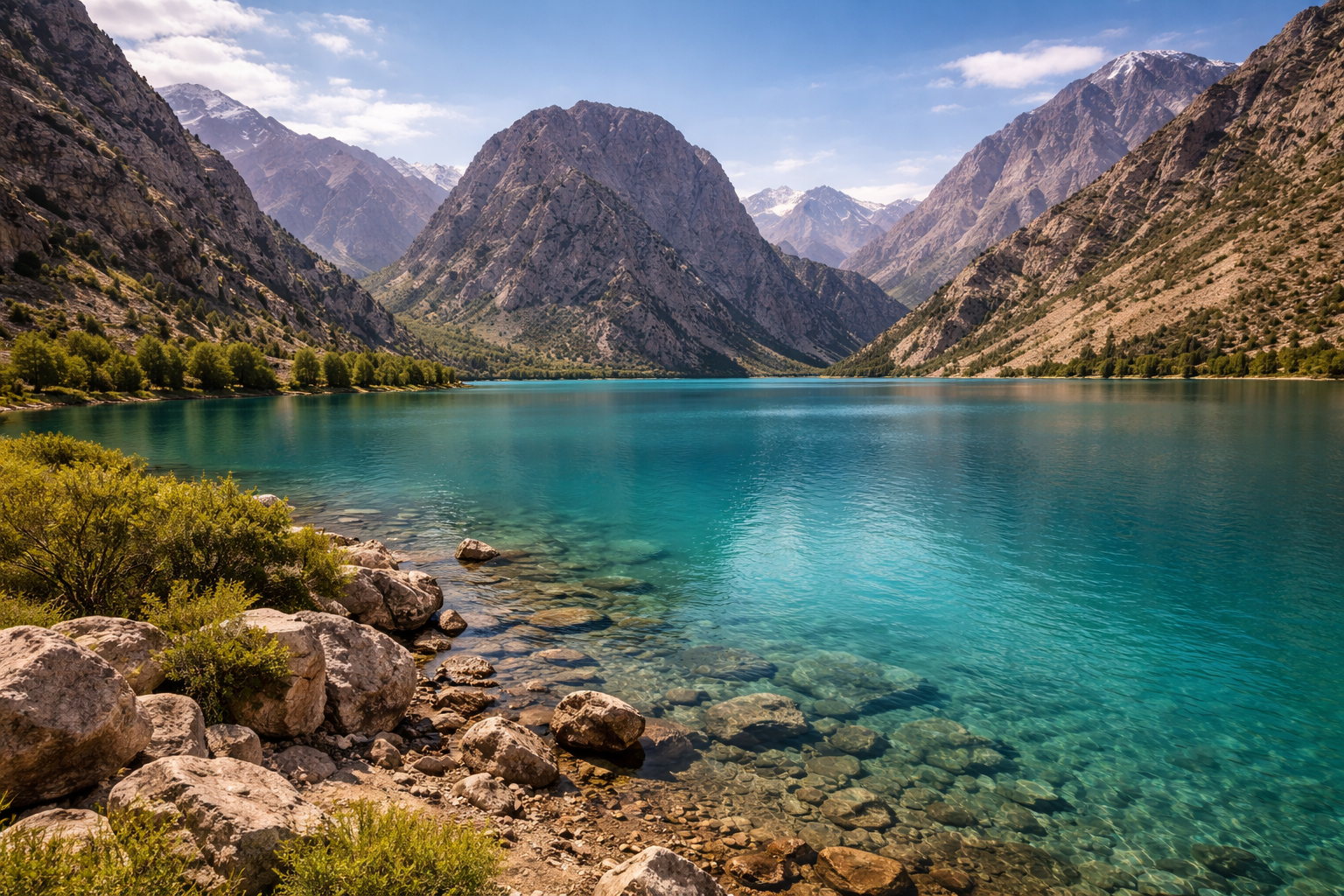 אגם איסקנדרקול בטג'יקיסטן עם מים טורקיז, מדרונות הרריים, חוף סלעי ואור גבוה וצח.