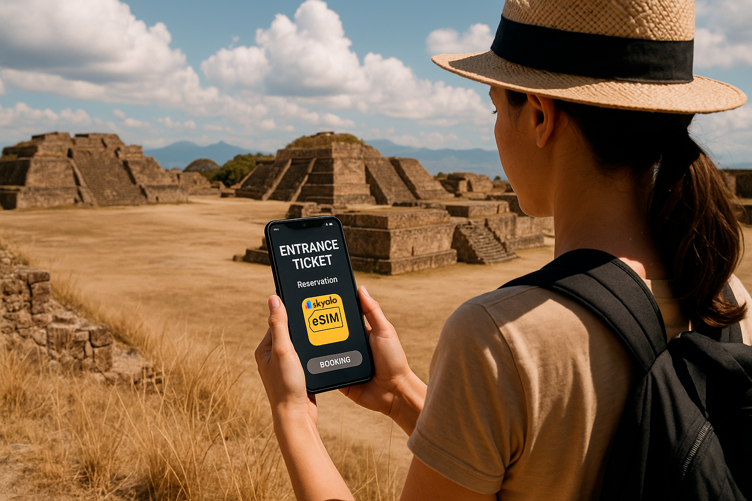 Traveler booking museum tickets over eSIM while walking Monte Albán’s platform; high sky and golden grasses