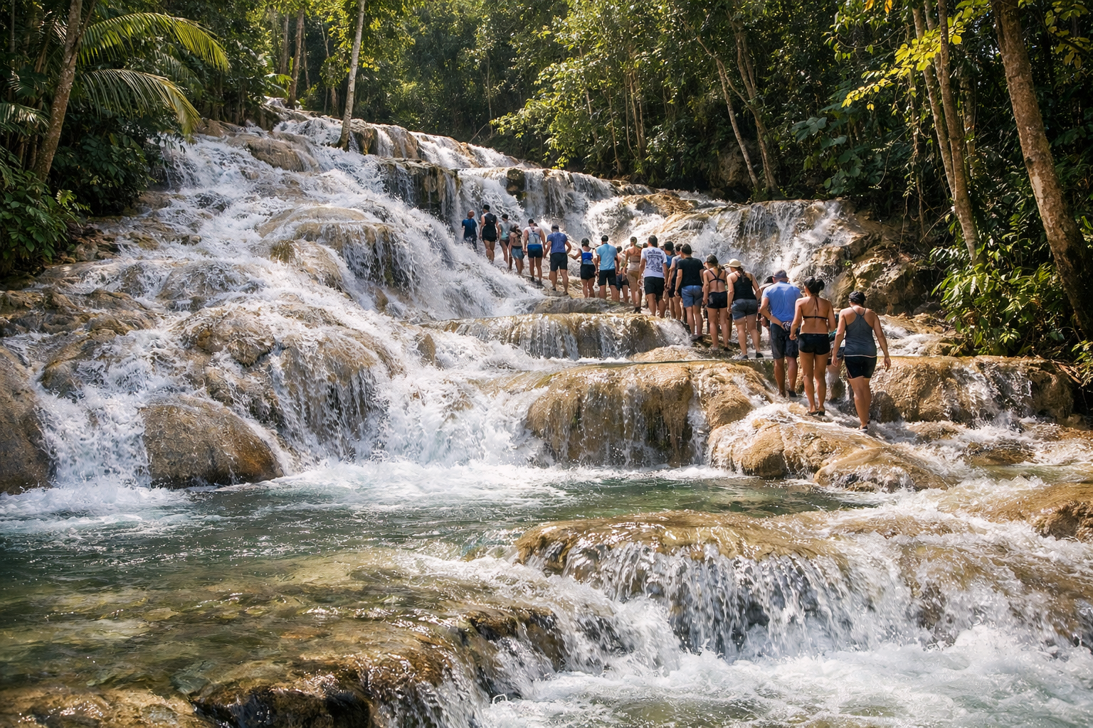 Dunn’s River Falls cascades, tourists mid-frame climbing through the water, one filming on a smartphone