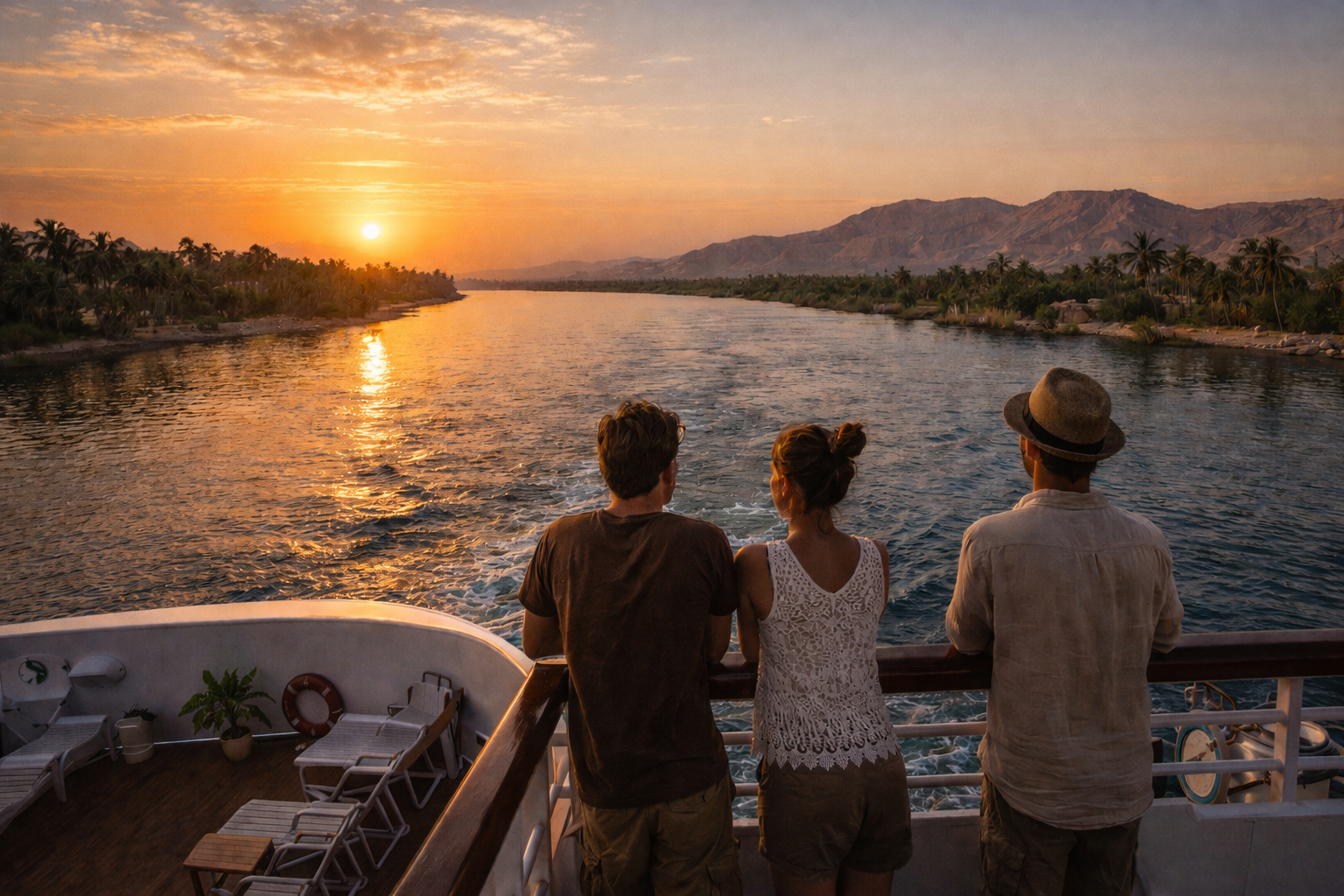 A Nile River cruise between Luxor and Aswan with tourists on the ship’s deck — traveling in Egypt with eSIM