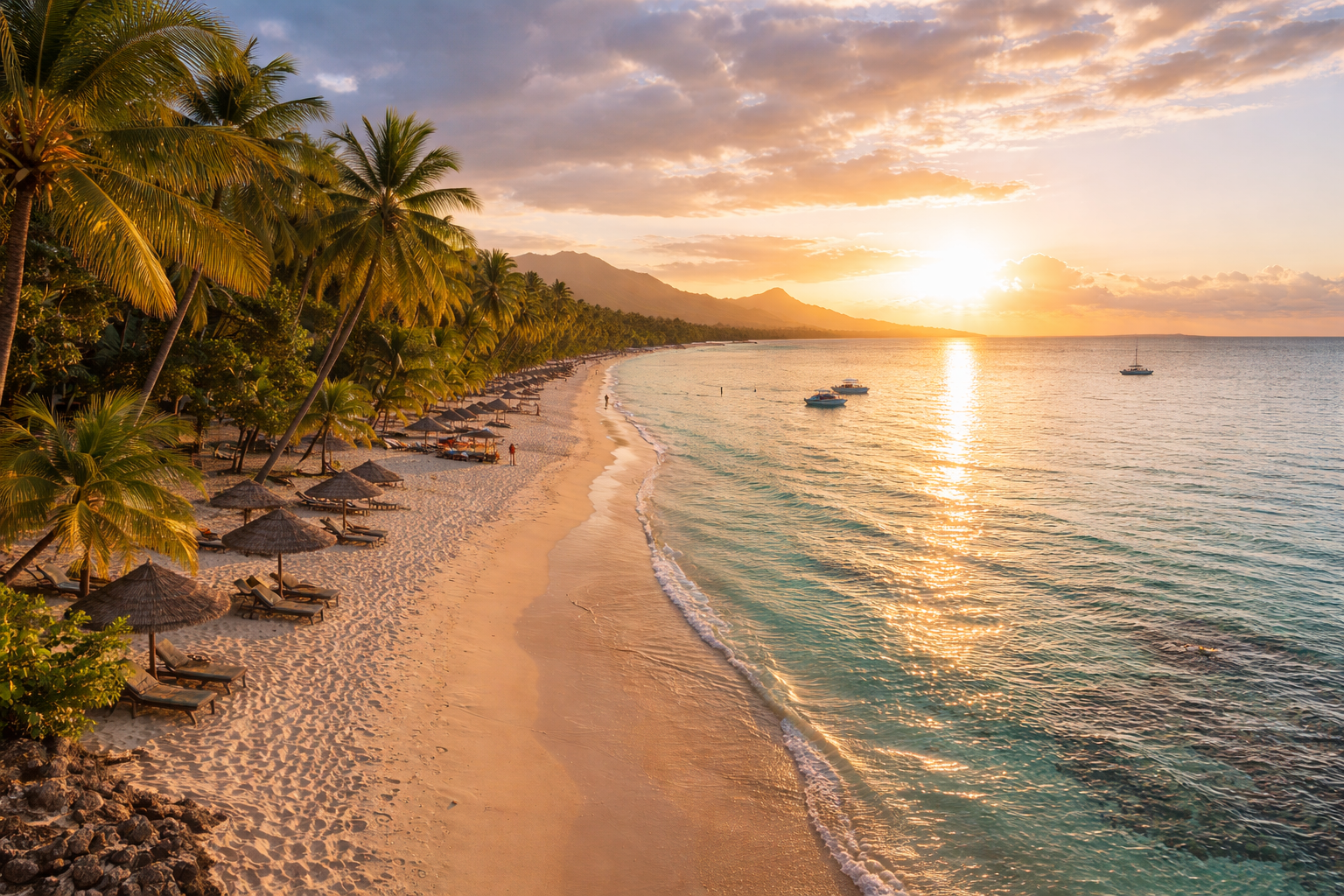 Flic en Flac Beach in Mauritius with a long coastline, palm trees, and soft evening light