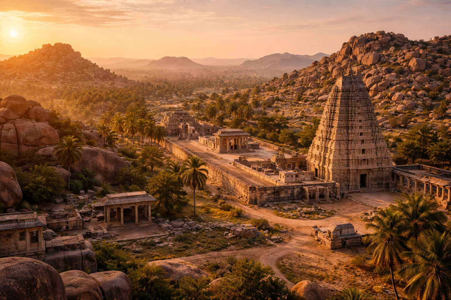 ہمپی کے آثار، بڑے پتھروں، قدیم مندروں، کھجوروں اور گرم شام کی روشنی کے ساتھ ہندوستانی تاریخی منظرنامے میں۔