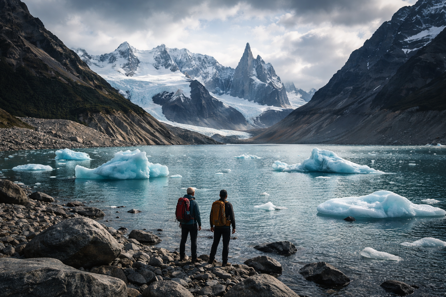 Laguna Torre in Patagonia and trekkers checking the route map on a smartphone
