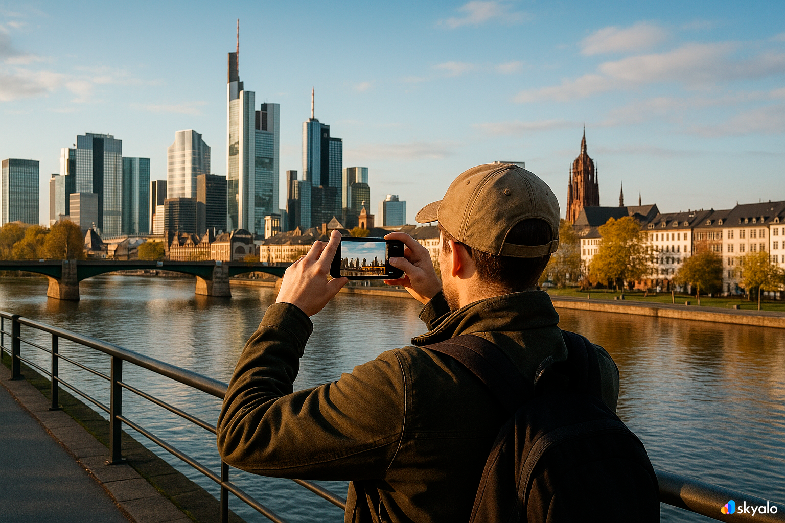 Frankfurt skyline; a tourist photographs the city from the Main riverbank with a smartphone