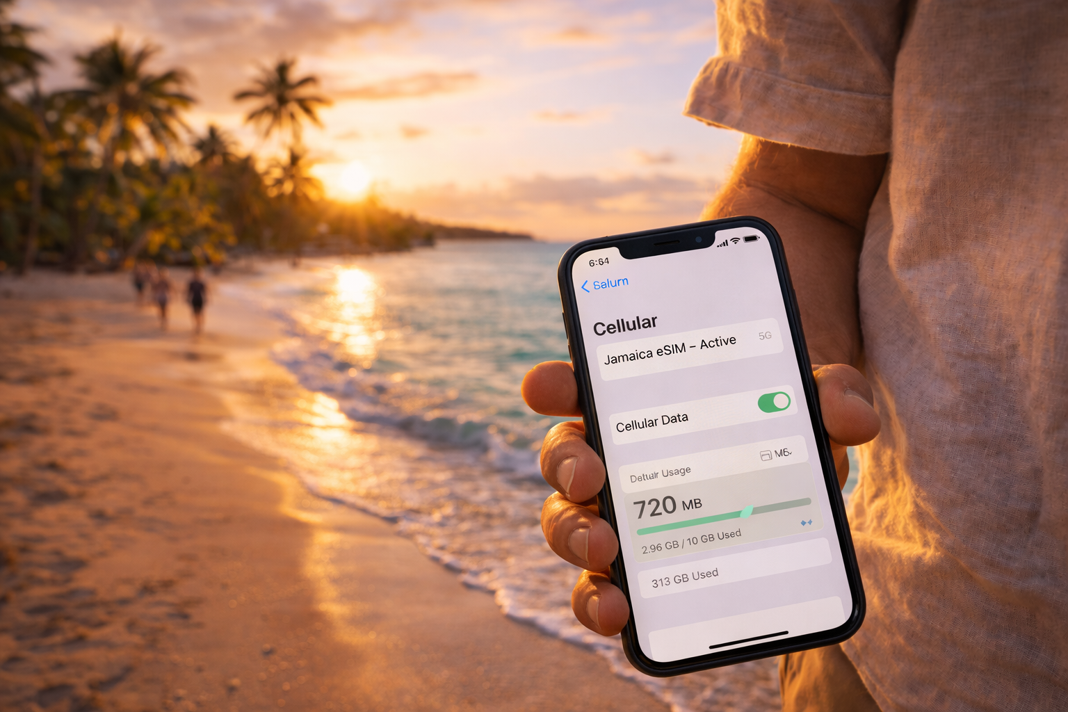 A smartphone with an active Jamaica eSIM and 5G signal against a tropical Jamaica beach backdrop