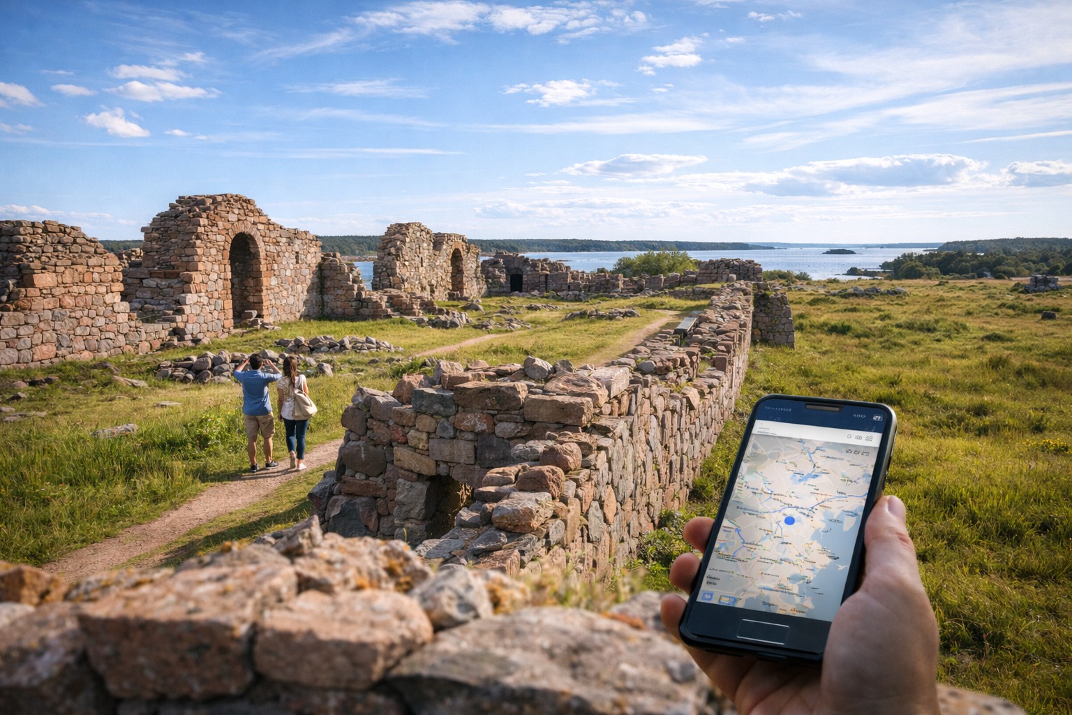 Ruins of Bomarsund Fortress in the Åland Islands with tourists and an eSIM-enabled smartphone