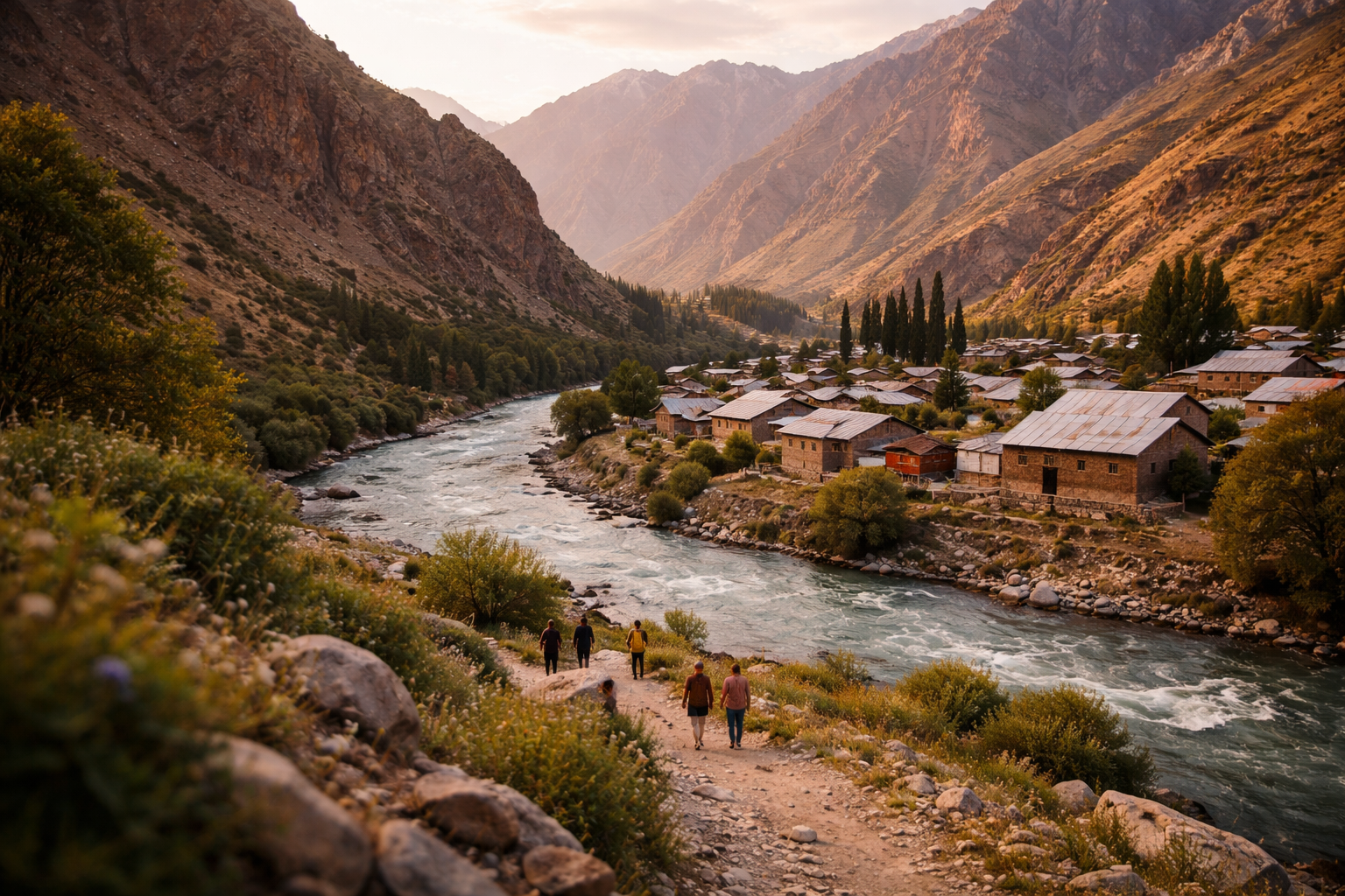 הכפר קיזיל-אוי בהרים עם נהר