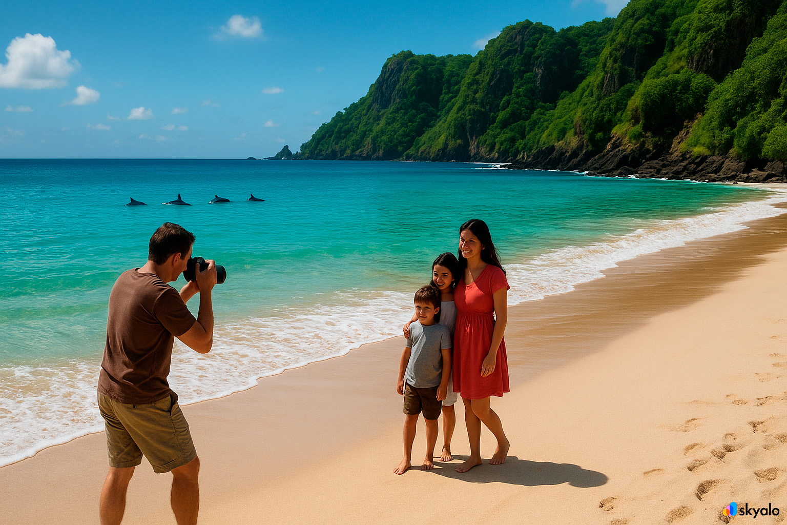 Family taking photos on the beach of Fernando de Noronha, white sand and turquoise sea