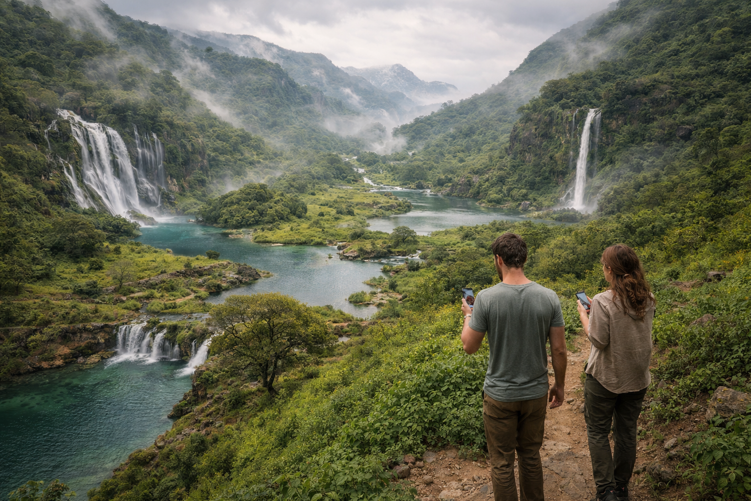 Ταξιδιώτες περπατούν στην κοιλάδα Ουάντι Νταρμπάτ με smartphones και eSIM