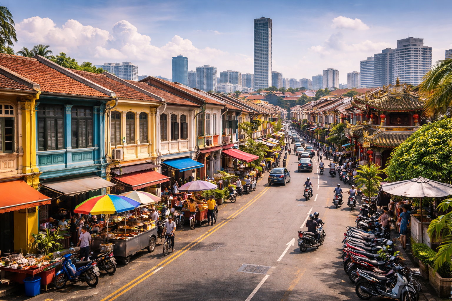 Остров Пенанг с городскими улицами, колониальной архитектурой, яркими фасадами и живой атмосферой