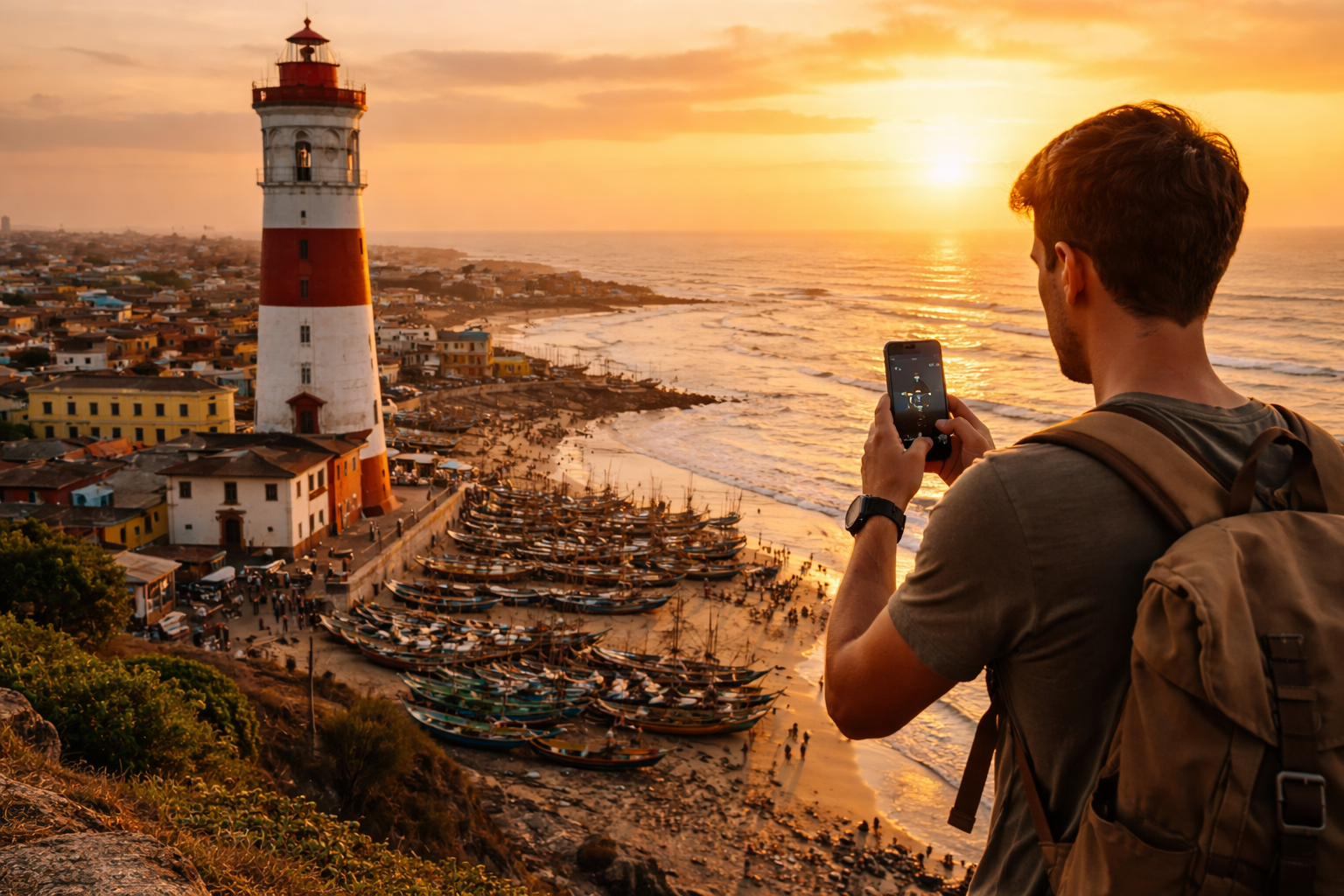 Jamestown Lighthouse in Accra and a traveler using a smartphone with an eSIM