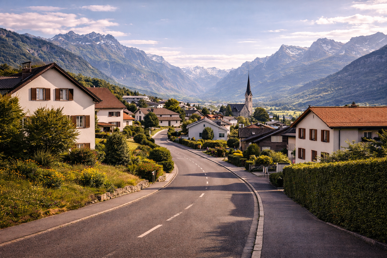 Eschen with quiet streets, green areas, and an Alpine backdrop