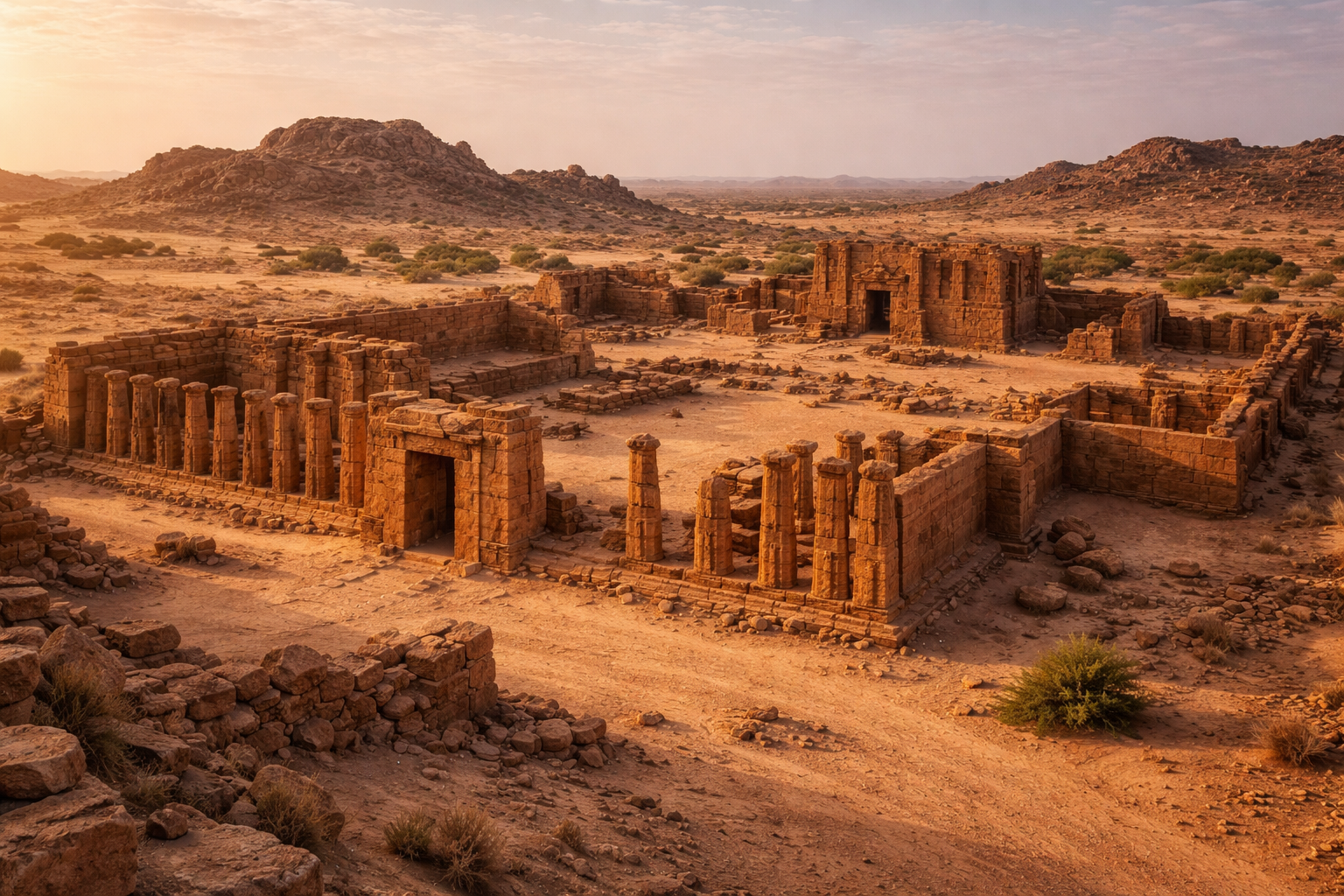 המתחם הארכיאולוגי מוסוואראת א-סופרא בסודן עם חורבות עתיקות, נוף חצי־מדברי פתוח ואור שמש חם.