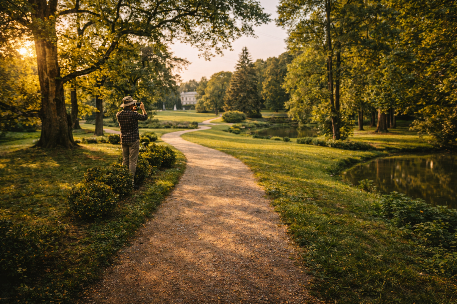 פארק צאול במולדובה עם שדרות ירוקות, עצים ותיקים ומטייל שמשתמש ב-eSIM בסמארטפון במהלך ההליכה.
