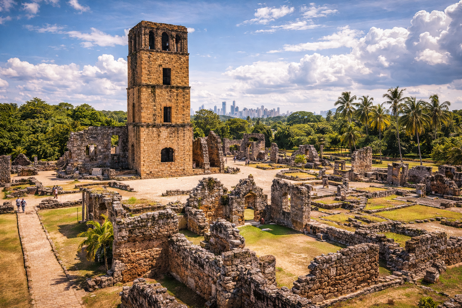 The ruins of Panama Viejo and the ancient cathedral tower
