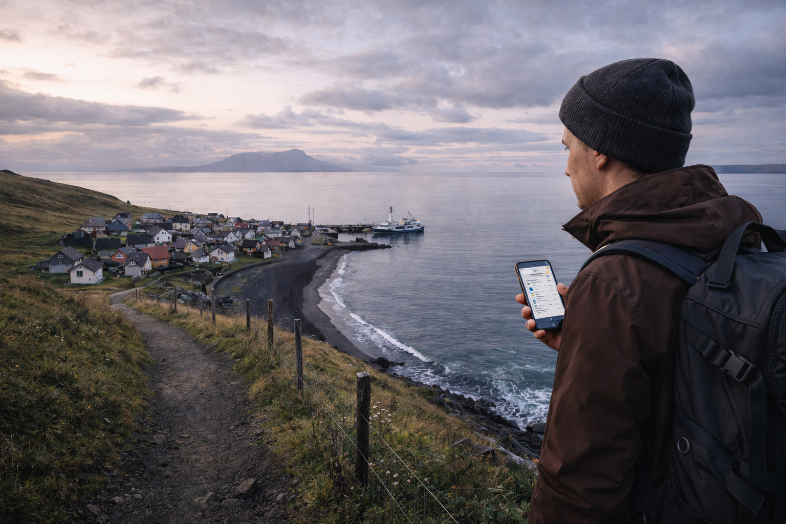 Wyspa Nólsoy z wioską, ścieżką nad oceanem i podróżnikiem sprawdzającym eSIM w telefonieWyspa Nólsoy z wioską, ścieżką nad oceanem i podróżnikiem sprawdzającym eSIM w telefonie