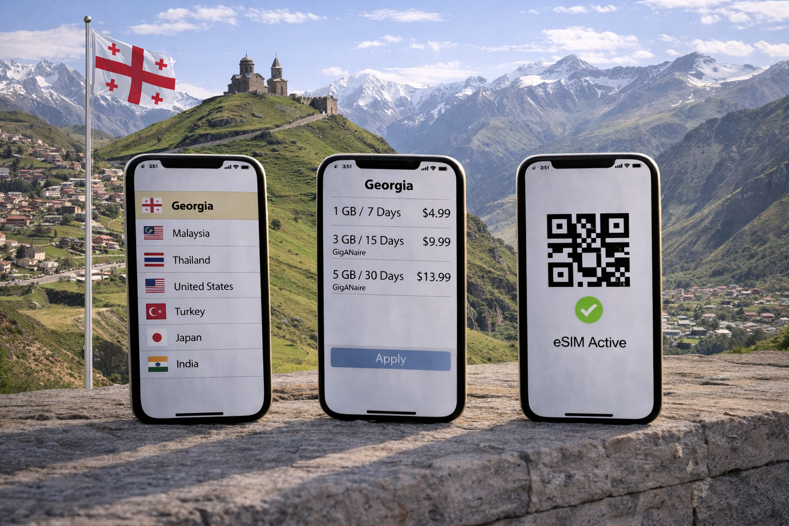 Proceso de activación de la eSIM en Georgia - elección del país, tarifas de internet móvil y activación exitosa en el smartphone con las montañas de Kazbegi de fondo.