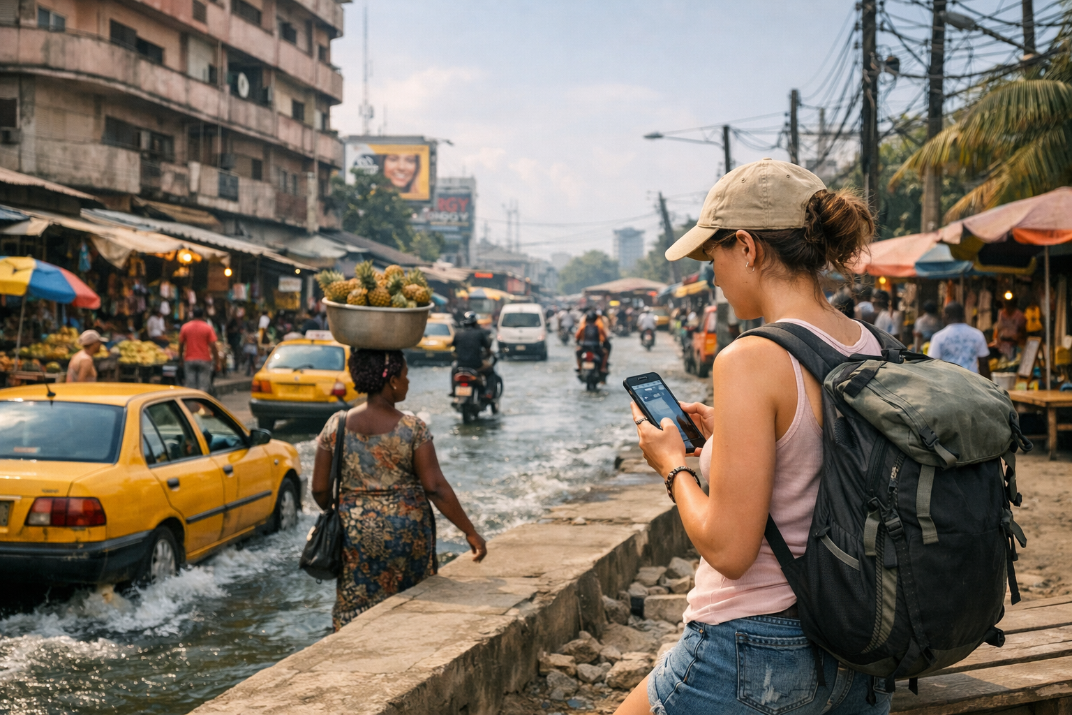The city of Douala in Cameroon with a busy street and a traveler checking the route on a phone
